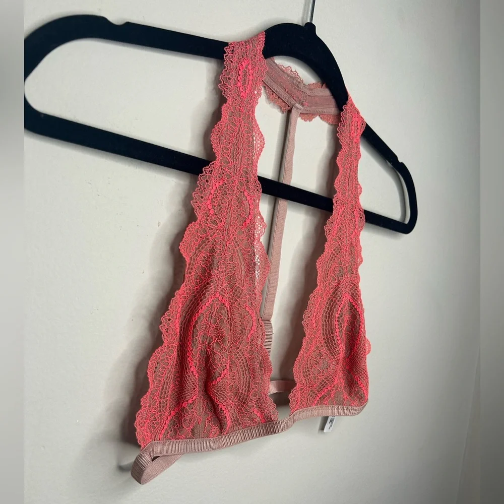 Free People Intimately Get Down Lace Halter Bralette Nude Neon Pink Size Medium